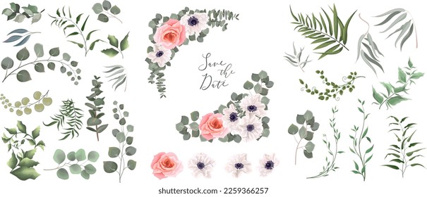 A large collection of herbs and plants. Green plants on a white background. Floral arrangements of white anemones, pink roses and eucalyptus, flowers on white background