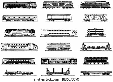 Große Kollektion von hochwertigen Vektorgrafiken zum Thema Eisenbahn. Züge, Güterwagen, Wagen, Eisenbahn, Verkehr.