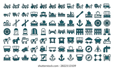 Large collection of historical transportation and infrastructure icons including ancient horse-drawn chariots, sailing ships, wooden carts, stone bridges, and maritime tools.