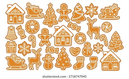 Grande coleção de biscoitos de férias. Uma variedade de casas de gengibre vidrado, árvores, homens, trenós, veados e flocos de neve para o design festivo.