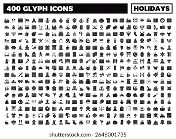A large collection of holiday-themed icons. featuring various traditions and symbols in a flat. solid black silhouette style.