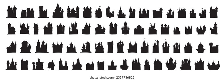 Large collection of house silhouette. Castles silhouette. Many houses silhouette. Vector illustration. 