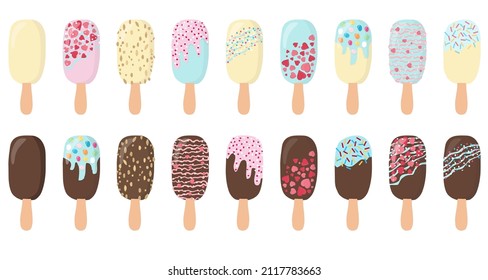 A large collection of ice cream chocolate popsicle ice cream. Multi-colored pieces of ice cream of different varieties.