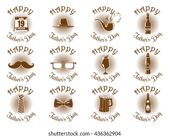 Large collection of icons for Father's Day. Happy Father's Day. Set of brown icons isolated on white background. Vector illustration