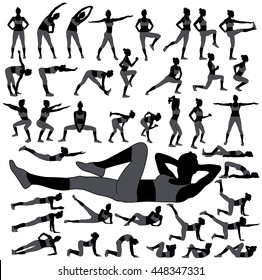 Large collection of icons of woman doing sport exercises. Black silhouettes of slim woman body in different sport poses. Sportive girl in pants and t-shirt shapes. Healthy and active life style.
