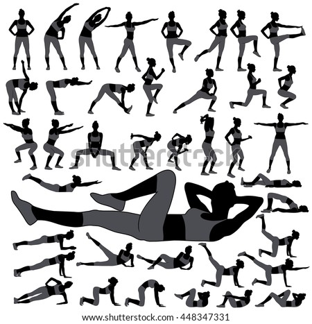 Large collection of icons of woman doing sport exercises. Black silhouettes of slim woman body in different sport poses. Sportive girl in pants and t-shirt shapes. Healthy and active life style.