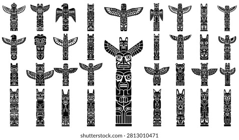 Large collection of indigenous totem pole silhouettes featuring tribal carvings of animals, birds, and ancestral figures in black and white vector style isolated on white background.