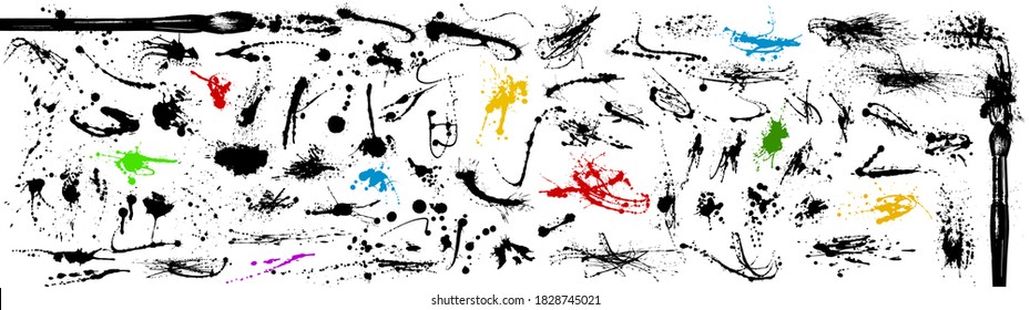 Large collection of ink stains and splashes. Hand painted with brush. Drops, spilled liquid. Artistic strokes. Vector illustration