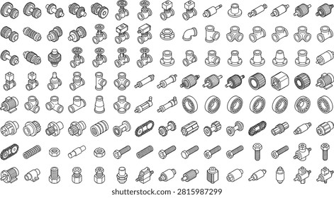 A large collection of isometric mechanical and industrial parts including gears, valves, pipe fittings, bearings, bolts, screws, and motors, illustrated in a clean line art style. Perfect for engineering, manufacturing, hardware, and industrial technology projects.