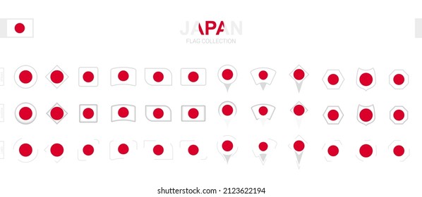 Large collection of Japan flags of various shapes and effects. Big set of vector flag.