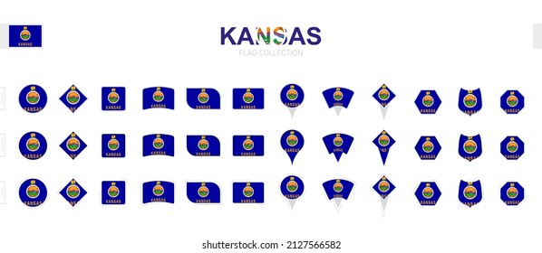 Gran colección de banderas de Kansas de diversas formas y efectos. Gran conjunto de indicadores vectoriales.
