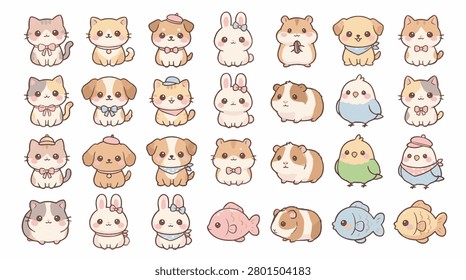 Large collection of kawaii style pet animal illustrations featuring cats, dogs, rabbits, hamsters, guinea pigs, birds, and fish with cute accessories on a plain white background.