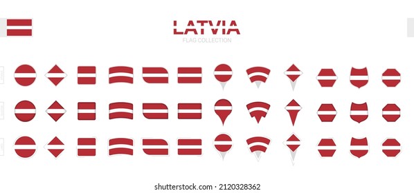 Large collection of Latvia flags of various shapes and effects. Big set of vector flag.