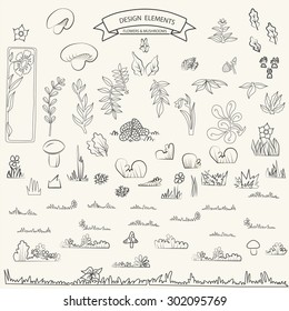 Large collection of leafs,grass,mushroom and berry vector illustrated on white