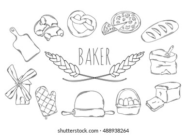 Large collection of line icons in hand drawn style for the profession of baker. Vector illustration
