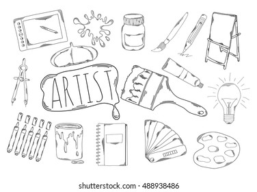 Large collection of line icons in hand drawn style for an artist. Vector illustration