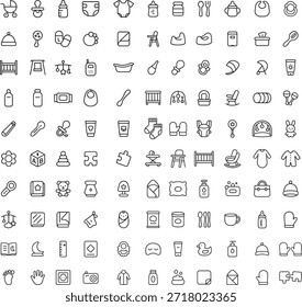 Grande colección de iconos de línea que representan varios artículos de cuidado del bebé accesorios y equipos sobre fondo blanco para uso de diseño