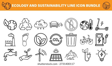 Una Grande colección de iconos de líneas que representan la ecología, la sostenibilidad y el Vector de energía verde
