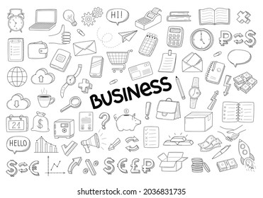A large collection of linear decorative elements. The symbols are Business, startup, bank, currency, money. Hand-drawn black and white vector illustration. Isolated on a white background