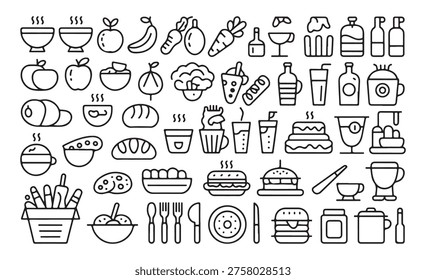 Large collection of linear food icons including burgers snacks bowls of soup and healthy beverages set