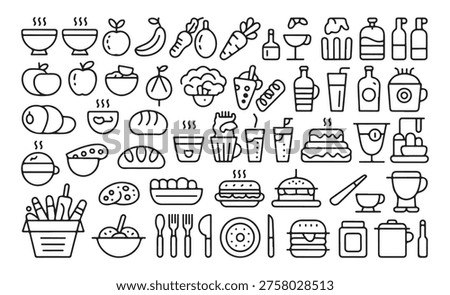 Large collection of linear food icons including burgers snacks bowls of soup and healthy beverages set
