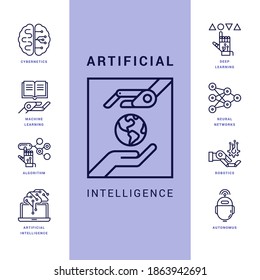 A large collection of linear icons of artificial intelligence and cyber technologies isolated on a white background. EPS 10. Vector illustration.