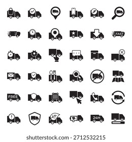 Large collection of logistics, shipping, and delivery related solid vector icons.