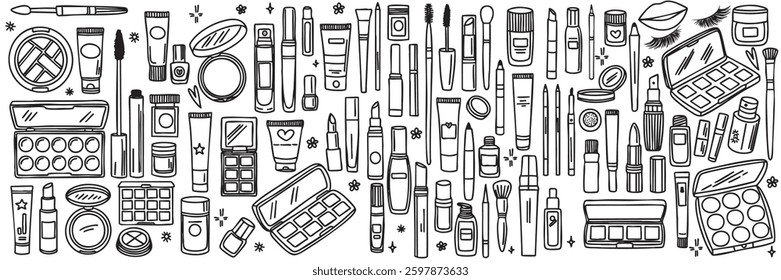 Large collection of make up elements in doodle style. Hand drawn vector art.