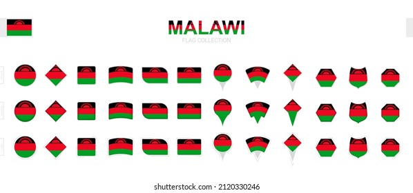 Gran colección de banderas de Malawi de diversas formas y efectos. Gran conjunto de indicadores vectoriales.