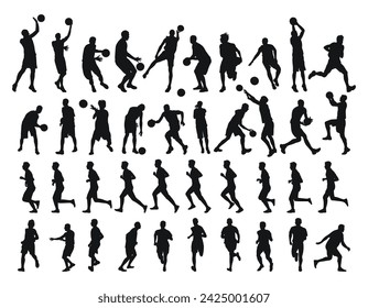 Large collection of male basketball players silhouettes, athletes runners. Basketball, athletics, running, cross, sprinting, jogging