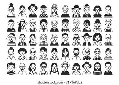 Large collection of male and female cartoon characters or avatars with different hairstyles and accessories hand drawn with contour lines in black and white colors. Monochrome vector illustration.