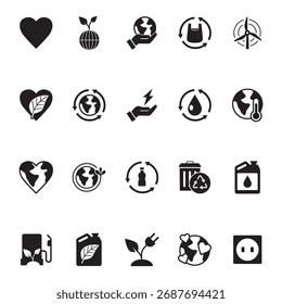 Una Grande colección de muchos iconos de ecología y entorno negro sólido en una página.