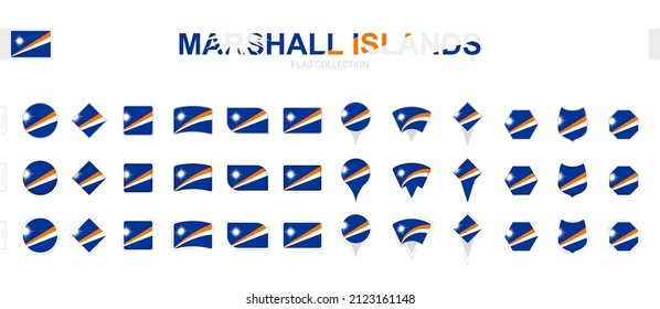 Large collection of Marshall Islands flags of various shapes and effects. Big set of vector flag.