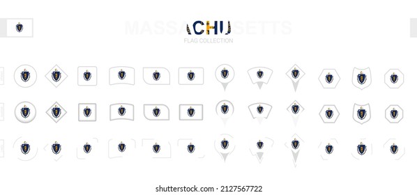 Large collection of Massachusetts flags of various shapes and effects. Big set of vector flag.