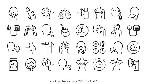 Large collection of medical nebulizer vector symbols with editable stroke. Outline icons representing different types of inhalers and respiratory equipment for healthcare presentations, guides, and clinic branding.