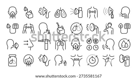 Large collection of medical nebulizer vector symbols with editable stroke. Outline icons representing different types of inhalers and respiratory equipment for healthcare presentations, guides, and clinic branding.