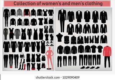 A large collection of men's and women's clothing on a light gray background