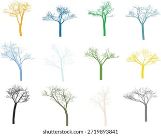 Una Grande colección de Ilustraciones vectoriales de árboles sin hojas mínimas mostradas en múltiples colores. Este conjunto representa el cambio estacional, los ciclos de la naturaleza, el crecimiento, los conceptos ambientales y el diseño botánico abstracto. Perfecto para infografías, presentaciones, carteles, contenido educativo, eco branding, fondos y proyectos gráficos modernos. Estilo plano limpio, aislado en un fondo blanco.
