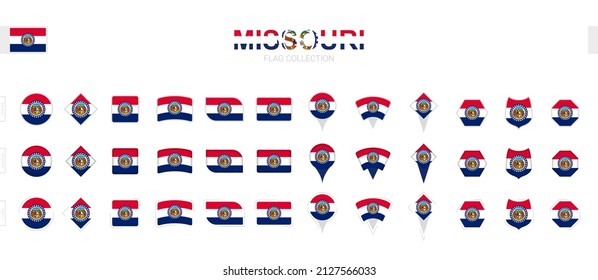 Large collection of Missouri flags of various shapes and effects. Big set of vector flag.