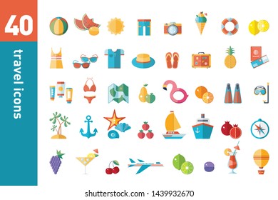 A large collection of modern flat icons on the theme of travel and recreation. Set for travel clothing, fruit, transport, food, beach.