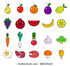 A large collection of modern linear color food icons, including watermelon, grapes, citrus fruits, salmon and other fruits, vegetables and meat. A healthy diet vector icon.
