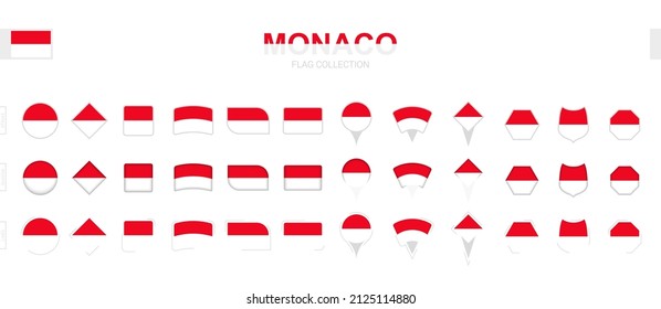 Large collection of Monaco flags of various shapes and effects. Big set of vector flag.
