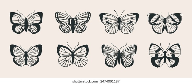 A large collection of monochrome butterflies of various shapes and types. Simple set of butterfly vector illustration.