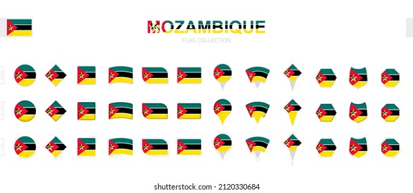 Gran colección de banderas de Mozambique de diversas formas y efectos. Gran conjunto de indicadores vectoriales.