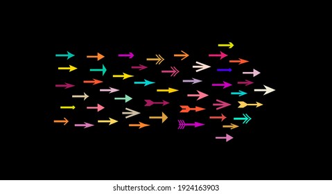 Large collection of multicolored arrows. Arrow shaped. Flat vector illustration isolated on black background.
