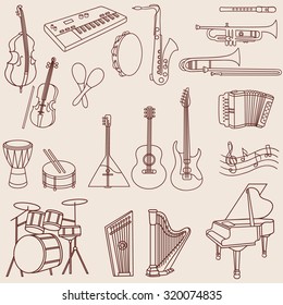 Gran colección de instrumentos musicales conjunto de iconos dibujados a mano. Icono de colección de Doodle vectorial