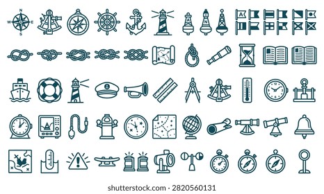 Large collection of nautical and maritime line icons featuring a compass, anchor, lighthouse, ship wheel, sextant, telescope, maps, rope knots, signal flags, and navigation tools on white.