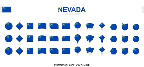 Gran colección de banderas de Nevada de diferentes formas y efectos. Gran conjunto de indicadores vectoriales.