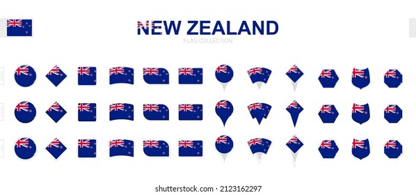 Large collection of New Zealand flags of various shapes and effects. Big set of vector flag.