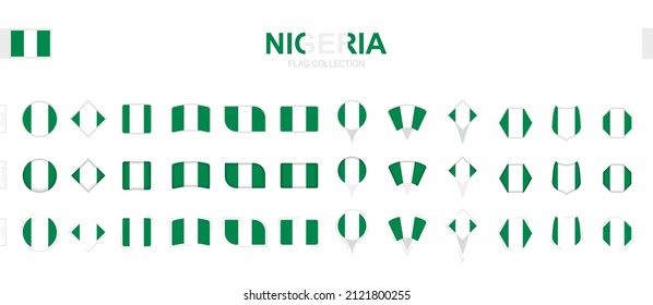 Large collection of Nigeria flags of various shapes and effects. Big set of vector flag.